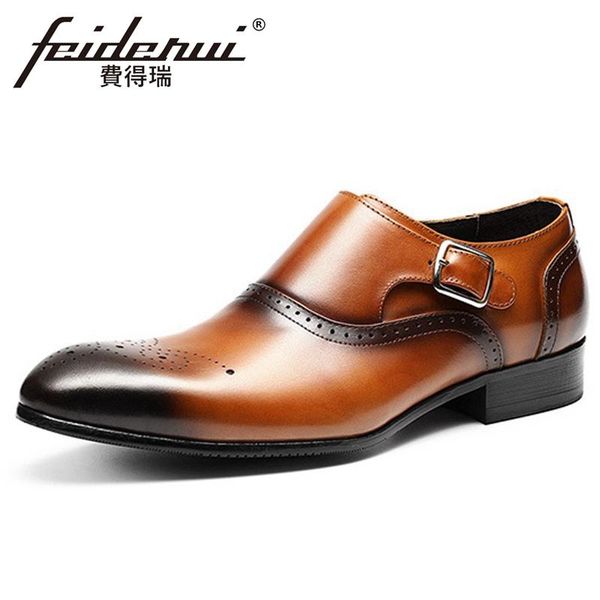 

new vintage genuine leather men suit flats pointed toe monk strap man oxfords formal dress handmade welted brogue shoes fhs125, Black