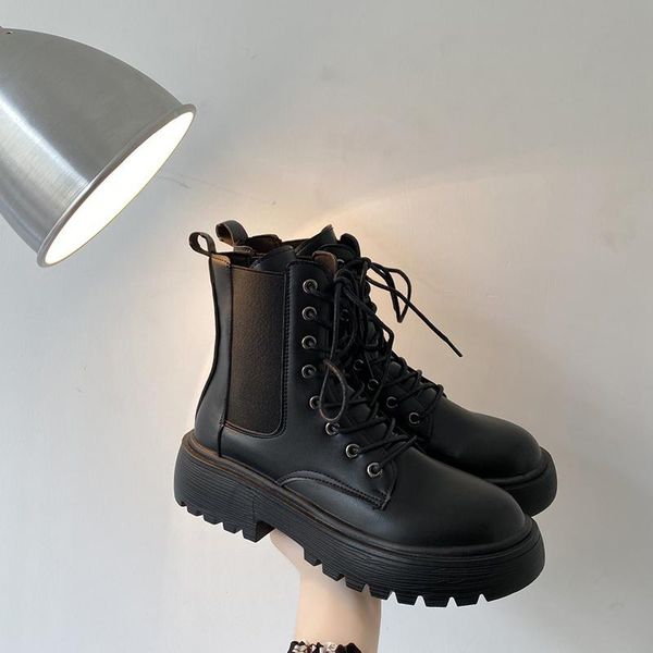 

brand women's shoes round toe lace up boots boots-women flat heel booties ladies fashion riding 2020 black med rock retro