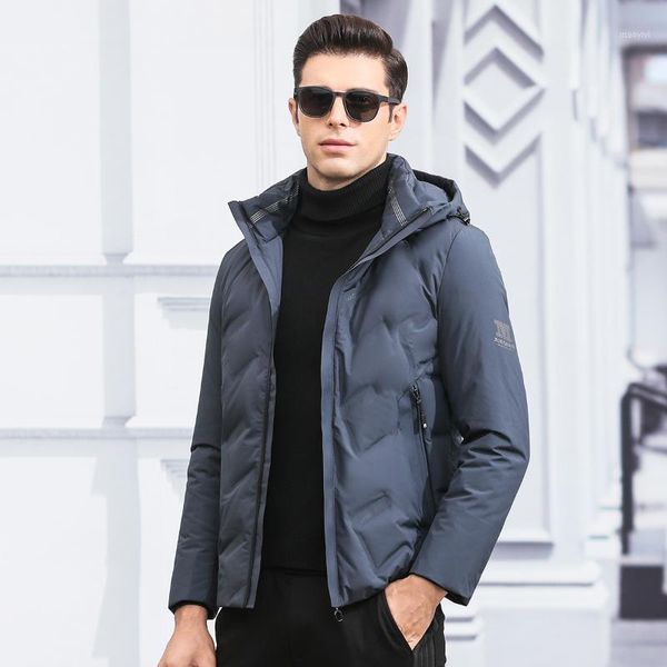 

2020 new middle aged men's coat fashion casual winter short hooded down jacket 90% white duck down men's wear1, Black