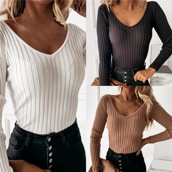 

long sleeve women v-neck 2021 autumn winter casual bodycon tees female solid khaki black office lady shirt, White