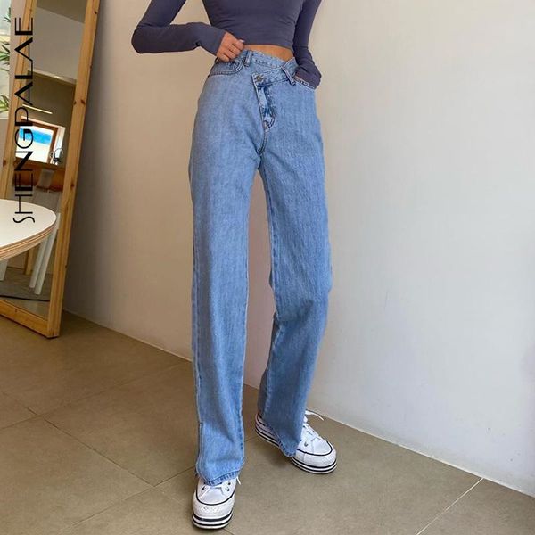 

shengpalae autumn 2020 women's jeans feature oblique buckle high waist high fashion solid color all-match cowboy trouesrs zc216, Blue