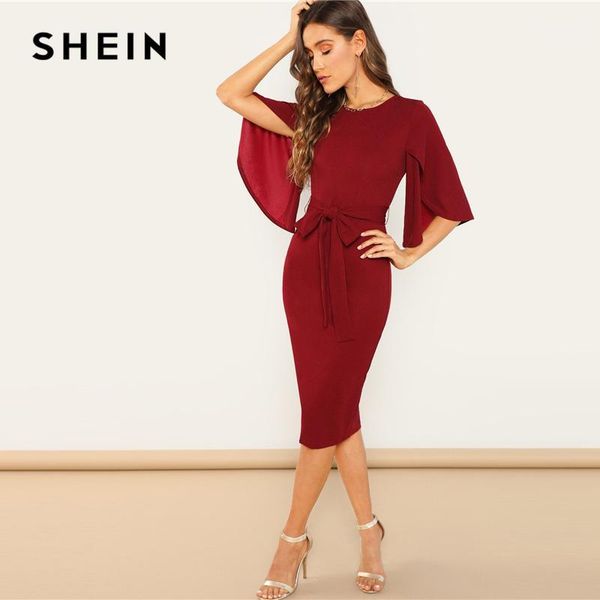 

shein weekend casual round neck flutter sleeve self belted pencil dress autumn modern lady casual women dresses1, Black;gray
