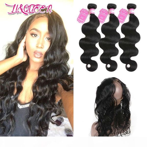 

peruvian virgin hair body wave bundles with 360 lace frontal natural color adjustable band 360 lace frontal with 3 bundles, Black;brown