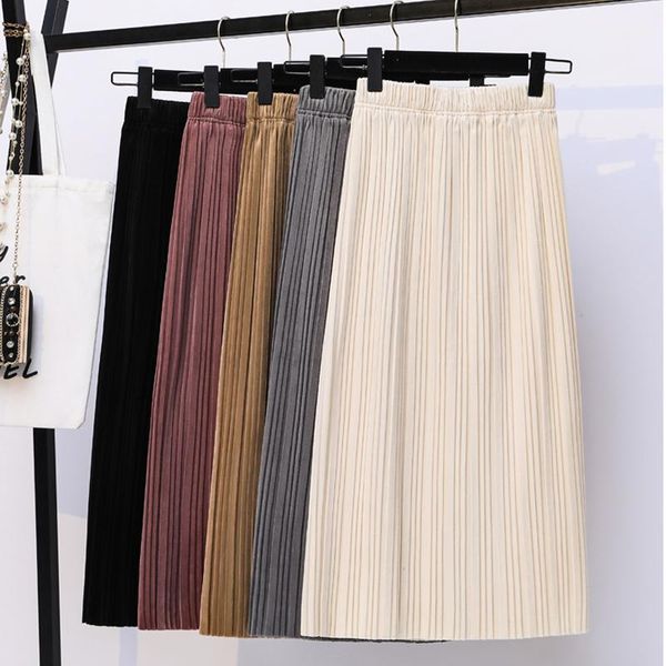 

knitted skirt female vintage sample a-line skirts autumn and winter straight high waist slimming folds long skirts for woman1, Black
