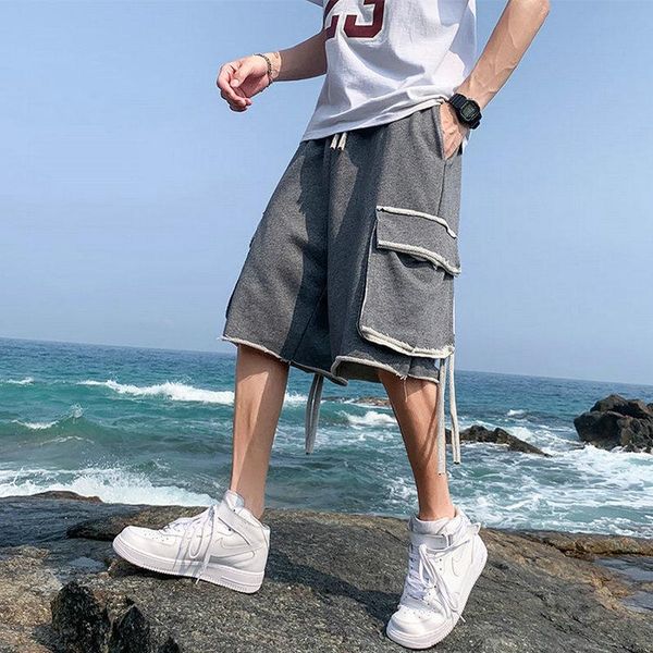 

streetwear summer casual shorts men cotton big pocket beach men's shorts knee length cotton bermuda short pants men, White;black