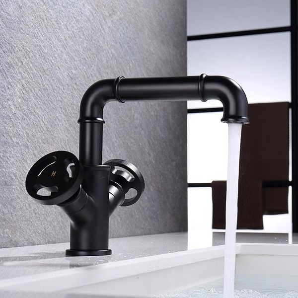 

Industrial style Matte black Brass Bathroom sink faucet Single hole Two handle Basin faucet Cold hot water bathroom