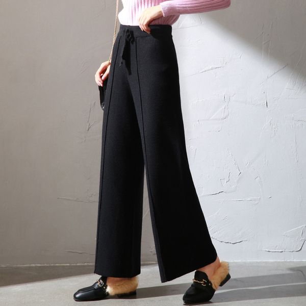 

2021 new striped women knitted wide leg pants drawstring long straight sweater trousers empire casual loose thick warm pant 9vk6, Black;white