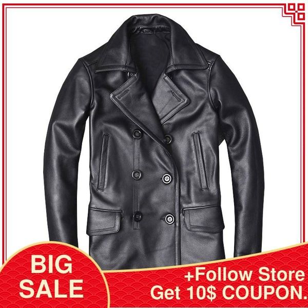

2020 black men long casual leather jacket double breasted plus size xxxxxl genuine cowhide russian autumn natural leathe coat