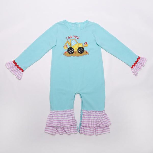 

new design girl boutique valentine's day custom boy and girl romper tractor embroidery clothes clothing romper, Blue