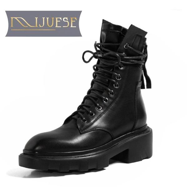 

mljuese 2021 women ankle boots soft cow leather winter short plush lace up round toe high heels equestrian boots party dress1, Black