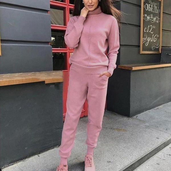 

women's tracksuits 2021 2 pieces set women knitted tracksuit turtleneck sweater + carrot jogging pants pullover outwear, Gray