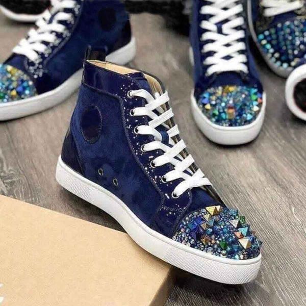 

luxurys мужчины кроссовки red bottom high top шипы квартиры обувь высокие qualtiy мужчины женщины blue suede leather кроссовки повседневная, Black