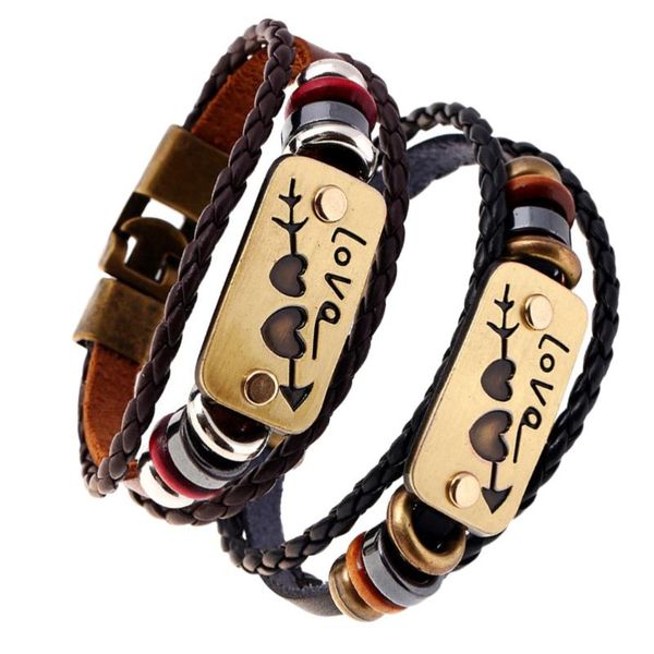 

charm bracelets fashion leather bracelet woven couple hand strap arrow through heart chain gift (20cm black men style, 19cm brown wo, Golden;silver