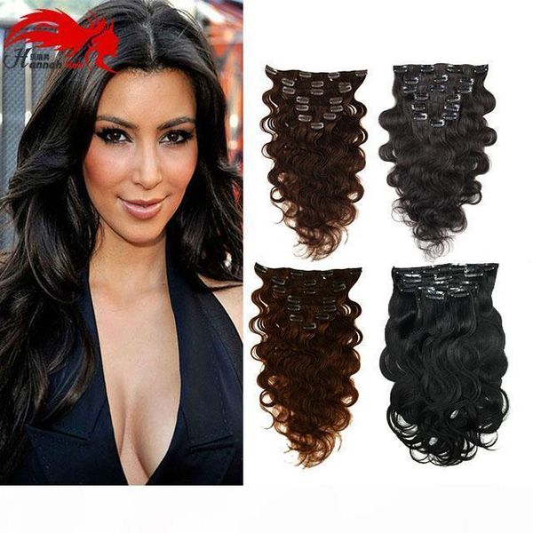 

hannah unprocessed body wave human hair clip in extensions 10pcs set full head 120g indian virgin hair clip in human hair extension, Black;brown
