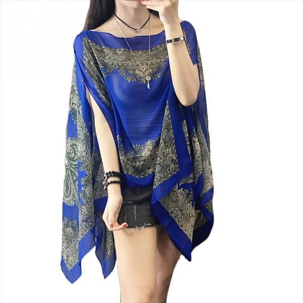 

sun fashion protection beach shawl blouses summer beachwear woman chiffon flower printing scarf shawl chiffon cover ups, White
