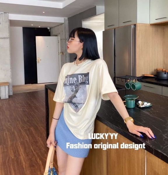 

luckyyyy2020 autumn new thirteen line women's clothing street printed loose t-shirt women, Black;gray