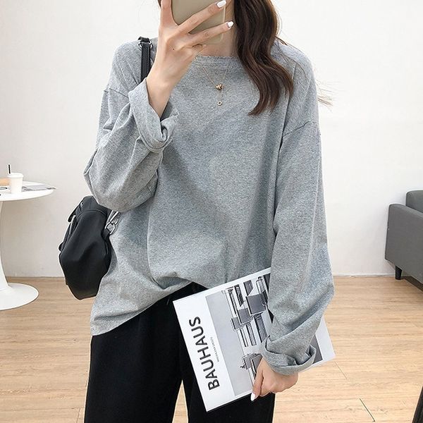 

loose solid color round neck long sleeve t- for women's fall 2020 korean version easy to t- bottom shirt wear out casual bottoming shir, White