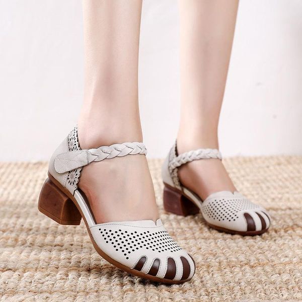 

elegance vintage hollow out chunky heel leather sandals buckle strap 4cm square high heels breathable comfortable women shoes, Black