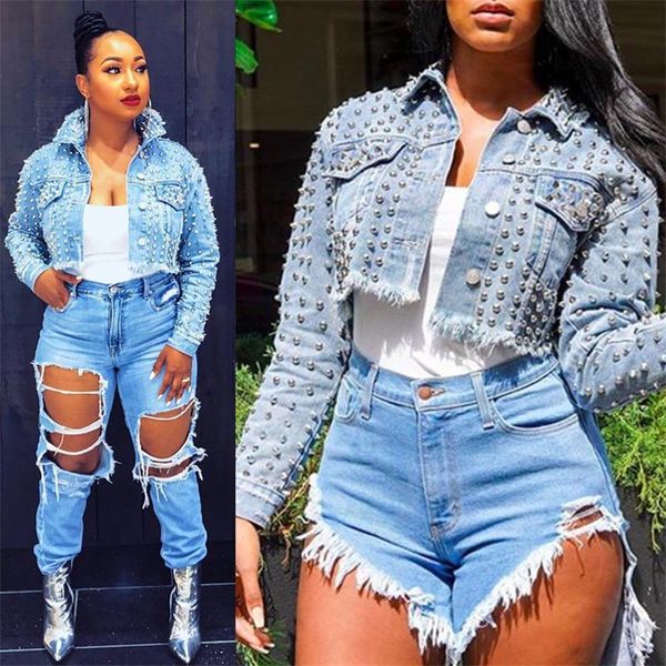 

high street rivet cropped denim jackets coat women pockets jeans jacket hip hop basic ultra-short coats jaqueta casaco feminino, Black;brown