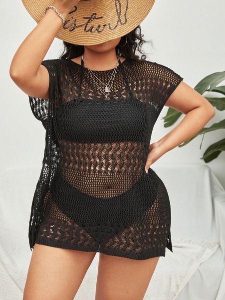 

plus hollow out split hem cover up k9uv#, Black