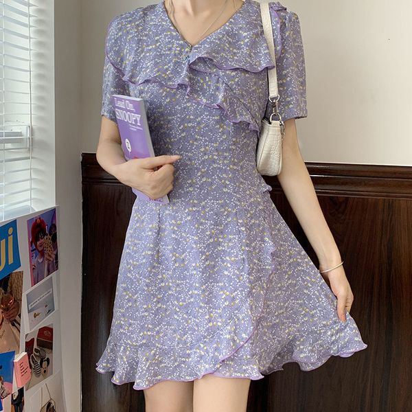 

2021 New 2 style dressed in summer French short sleeve with v frilly neckline of floral women chiffon dress feminine (x1445) 8QSZ, Black;gray
