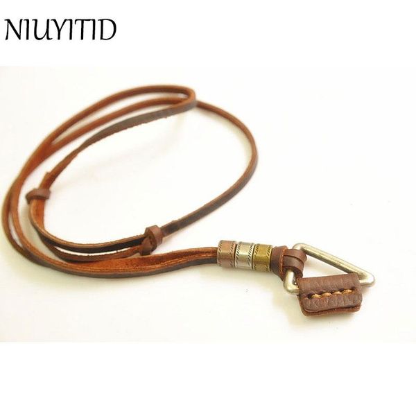 

pendant necklaces niuyitid men necklace 100% genuine leather vintage triangle pendants adjustable brown chain women collar jewellery, Silver