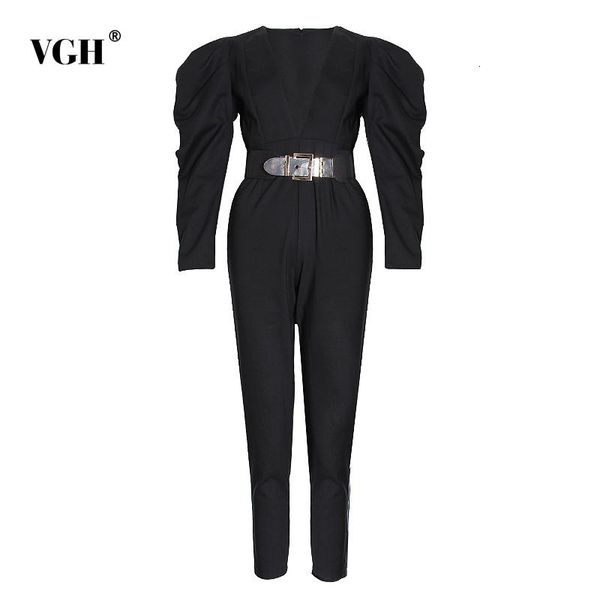 

vgh slim black jumpsuit for women o neck long sleeve high waist with sashes solid jumpsuits female fashion clothing style, Black;white