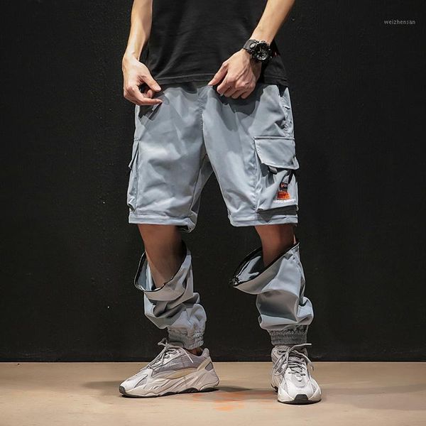 

men fashion streetwear mens jogger pants youth casual summer ankle length cargo trousers loose brand detachable pants leg mid1, Black