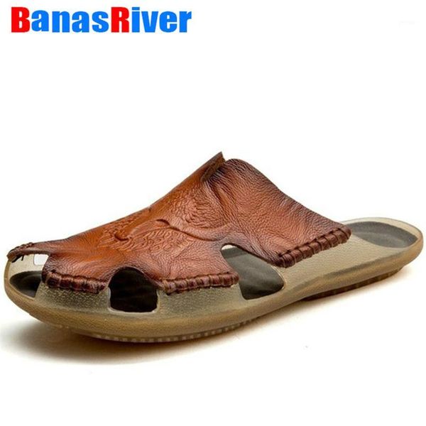

slippers 2021 quality leather non-slip men handmade outdoor beach sandals comfortable summer shoes flip flops big size 38-481, Black