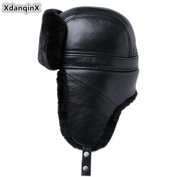 

xdanqinx new men's winter fur hat thick velvet bomber hats cowhide earmuffs hat super warm men genuine leather caps ski cap y200110, Blue;gray