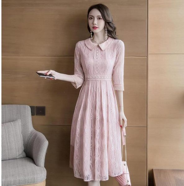 

casual dresses ng spring lotus leaf collar temperament slim collect waist lace dress, Black;gray