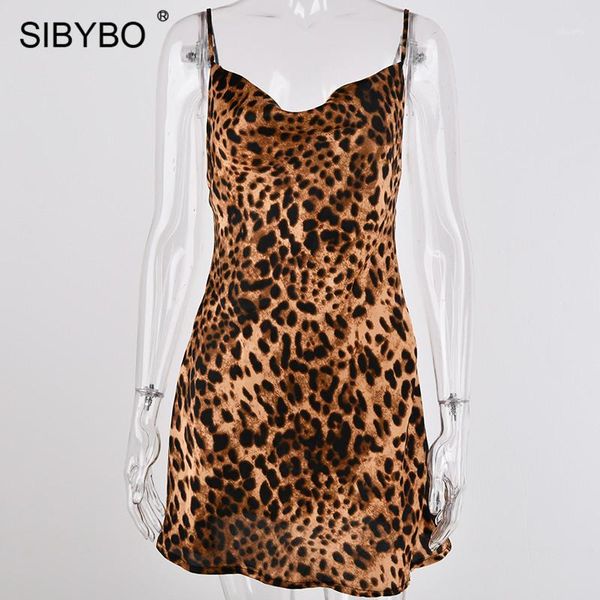 

sibybo leopard print spaghetti strap dress women autumn sleeveless v-neck loose mini bodycon dress backless casual1, Black;gray