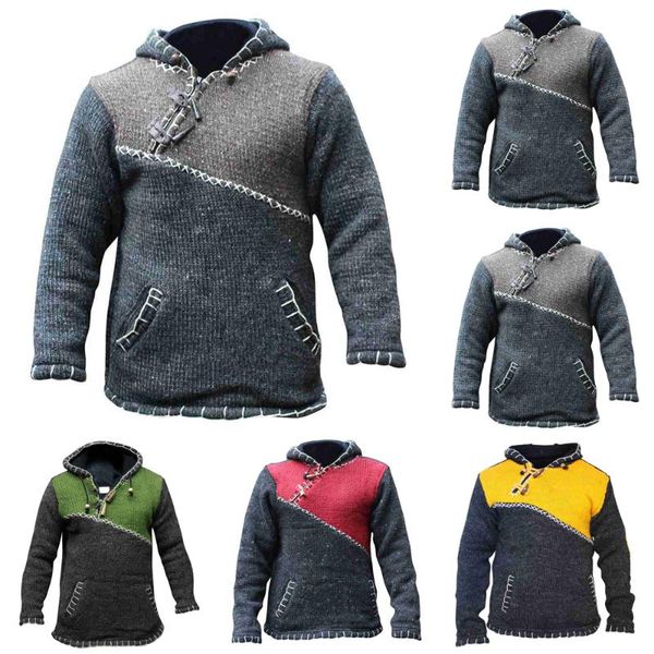 

men sweater drawstring long sleeve high neck pullover casual male winter warm zipper patchwork hoodies knitted, White;black