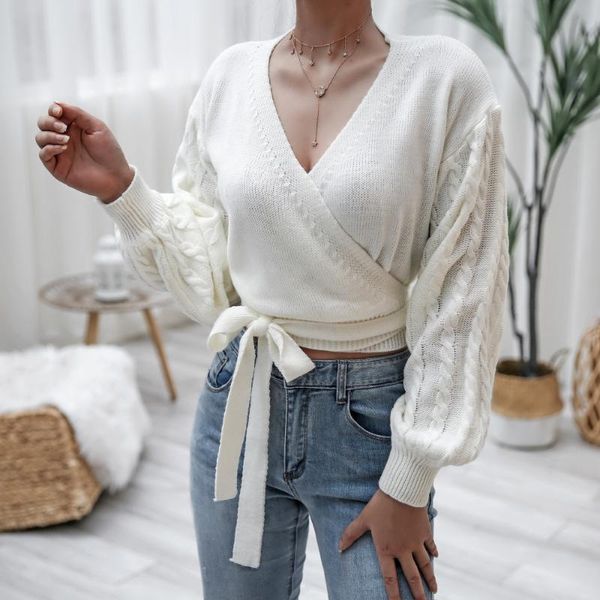 

women's t-shirt women knitted t shirt autumn cross wrap casual lantern long sleeve v neck rib knit loose tie up exposed navel crop top, White