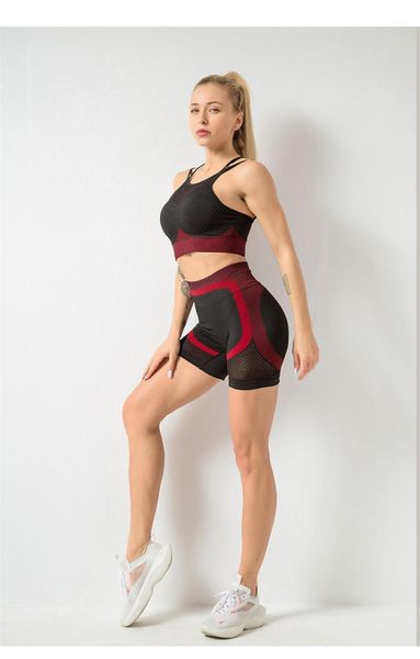 

yoga outfits women seamless set female workout clothes medium support sports bra+high waist gym shorts 2 piece suitds481, White;red