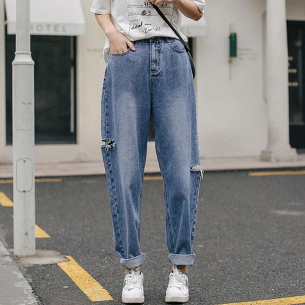 

new arrival spring korea fashion women loose blue jeans vintage ripped denim pants all-matched casual jean pants s418