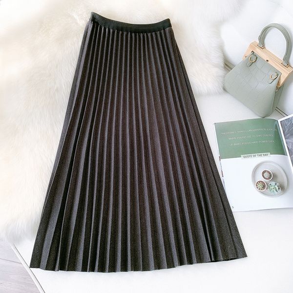 

2021 new arrived women a-line spring pleated stretch high waist long woolen skirt femme elegant jupe saia lgxk, Black