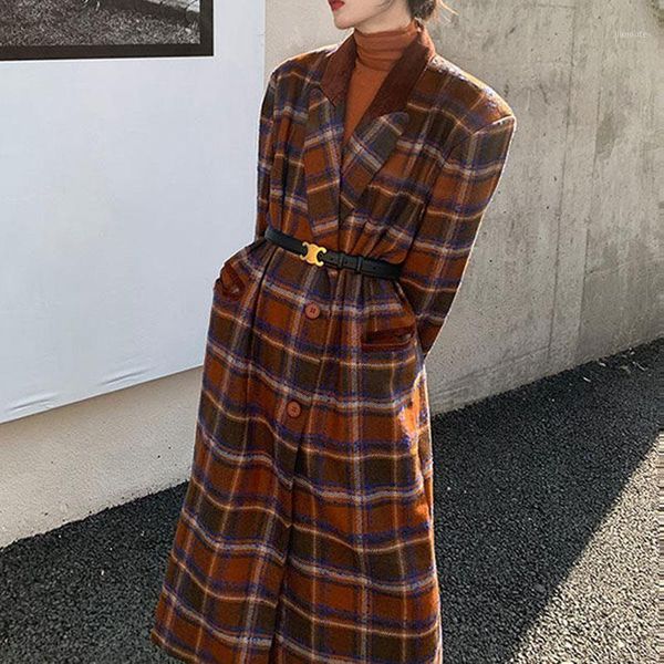 

plaid woolen coat women single breasted loose vintage long belted trench overcoat winter elegant korean windbreaker1, Black