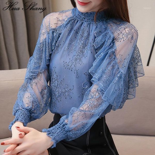 

ruffles lace blouse women 2021 korean fashion long sleeve floral print casual women ladies work office chiffon shirts1, White