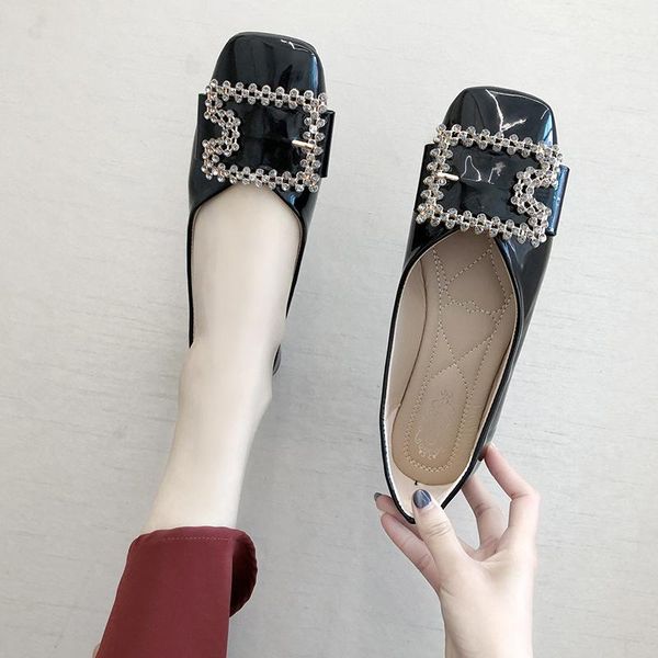

new plus size leather ballet flats ladies flats female women shoes woman soft bottom metal buckle square toe casual shoes, Black