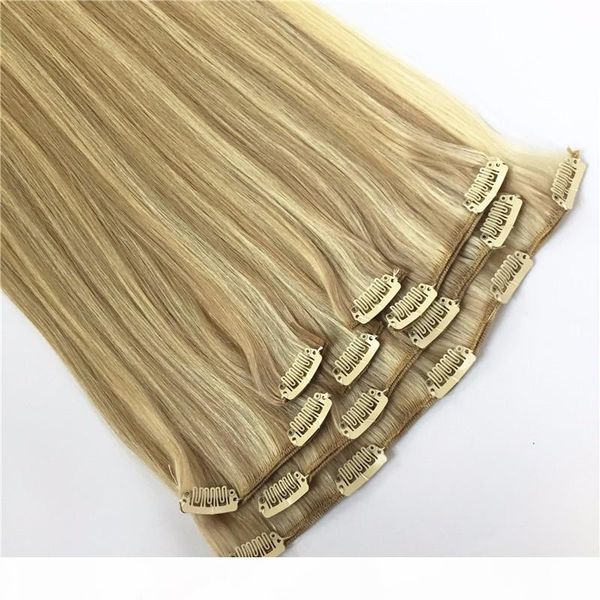 

elibess hair clip in hair extension 100g 7pcs set mix color #18 613 thick bottom highlight human hair extensions, Black