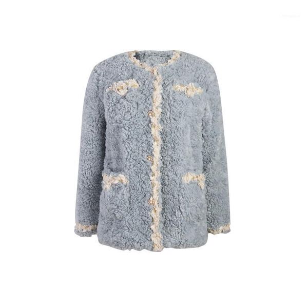 

2021 winter new runway warm short cashmere coat stand collar chain bead decoration retro stitching lamb wool coat short1, Black;brown