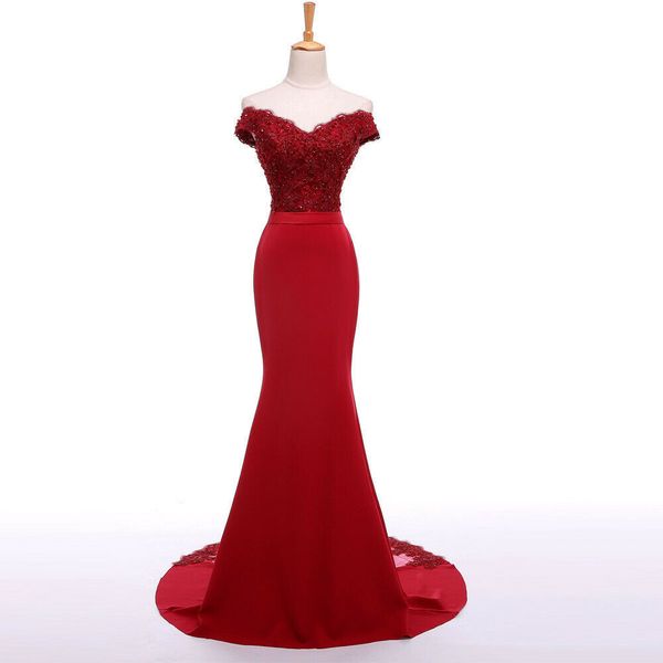 Personalizado Feito elegante fora do ombro vermelho sereia vestidos de noite formal vestidos de renda frisado vestidos de festa longos vestidos de bairros baratos vestidos de dama de honra barato