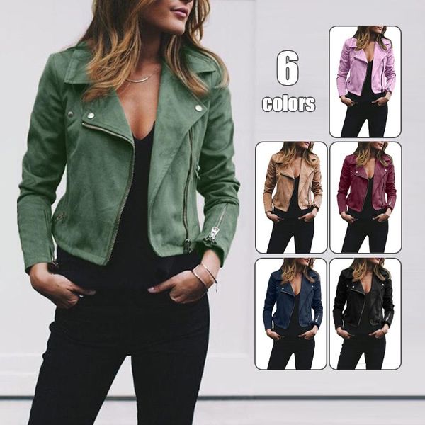 Damenjacken Frühling Herbst Frauen Jacke Vintage Reißverschluss Chic Revers Faux Wildleder Leder Damen PU Motor Biker Mantel