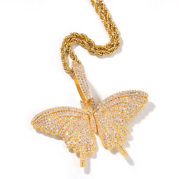 

hiphop mens pendant necklace 24inch stainless steel chain gold plating 3a cubic zirconia bling ice out butterfly pendants necklaces for men, Silver
