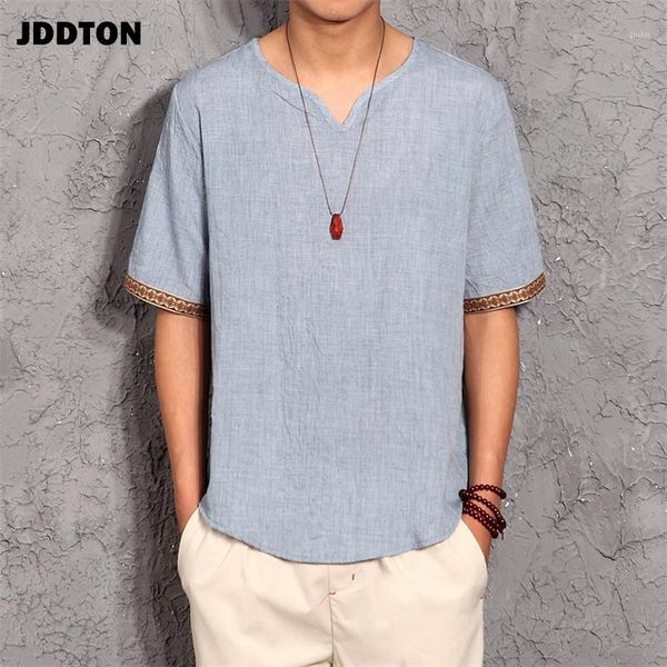 

jddton new men's linen thin slim t-shirts chinese style short sleeve comfortable casual breathable t-shirt male streetwear je0991, White;black