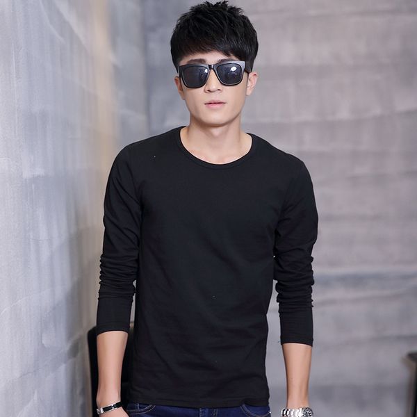 

autumn new round neck young slim long sleeve t-shirt casual solid color men's wear, White;black