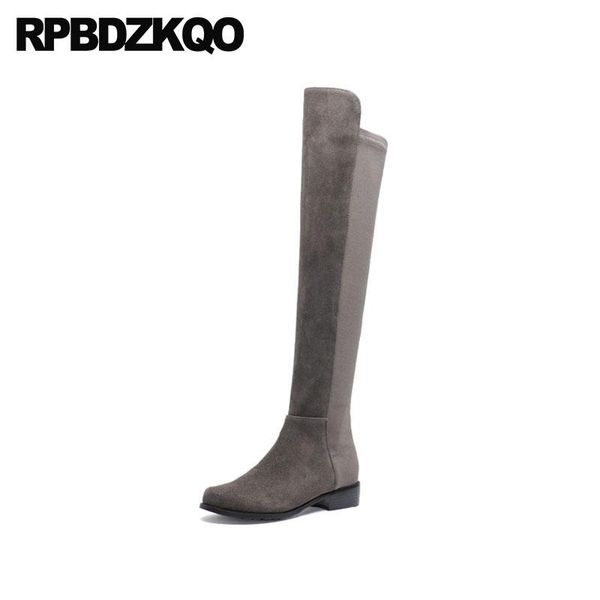 

boots suede slim thigh women knee high winter genuine leather slip on luxury shoes grey chunky long stretch heel pointed toe, Black