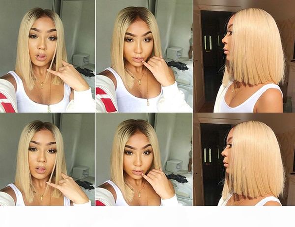 

ombre blonde lace front wigs for black women peruvian straight remy 1b 613 short bob human hair wigs pre plucked baby hair, Black;brown