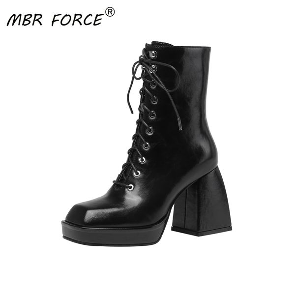 

mbr force fashion retro british style square toe high heel elegant women ankle boots lace up woman ladies spring autumn casual, Black